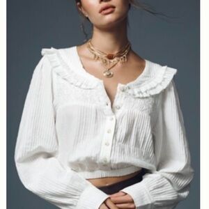 NWT Anthropology Pilcro Long Sleeve Ruffle Blouse Size Medium White